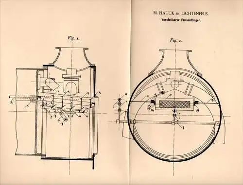 Original Patentschrift - M. Hauck in Lichtenfels i. Bayern , 1894 , verstellbarer Funkenfänger , Feuerung , Heizung !!!