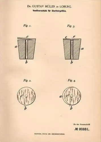 Original Patentschrift - Dr. G. Müller in Loburg b. Möckern , 1894 , Ventil für Sterilisiergefäße , Milch , Molkerei !!!