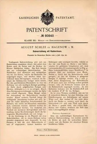 Original Patentschrift - A. Schlee in Hagenow i. Meckl. , 1892 , Sieb mit Kastenrinne , Mühle , Müller !!!