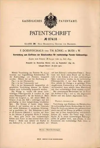 Original Patentschrift - F. Doerpinghaus in Buer i.W., 1895 , Fräser für Fenster , Fensterbau , Vest , Recklinghausen !!