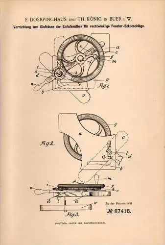 Original Patentschrift - F. Doerpinghaus in Buer i.W., 1895 , Fräser für Fenster , Fensterbau , Vest , Recklinghausen !!