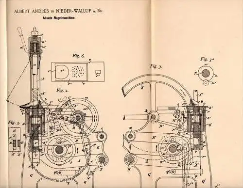 Original Patentschrift - A. Andres in Nieder - Walluf a. Rh. , 1895 ,Absatz - Nagelmaschine , Schuster , Niederwalluf !!