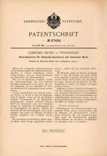 Original Patentschrift - Gebr. Meyer in Twistringen , 1895 , Antrieb für Schleudermaschinen , Milch  , Molkerei , Agrar