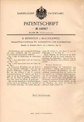 Original Patentschrift - H. Keferstein in Braunschweig , 1898 , Auspuff für Lokomobile , Lokomotive , locomobile !!!