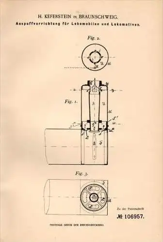 Original Patentschrift - H. Keferstein in Braunschweig , 1898 , Auspuff für Lokomobile , Lokomotive , locomobile !!!