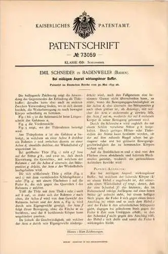 Original Patentschrift - E. Schneider in Badenweiler , 1893 , Buffer für Türen , Tür , Türenbau !!!