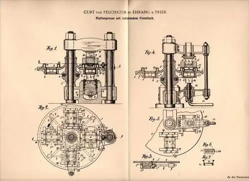 Original Patentschrift - Curt von Pelchrzim in Ehrang b. Trier , 1903 , Plattenpresse mit Formtisch , Presse , Metallbau