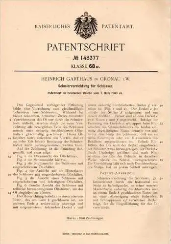 Original Patentschrift - H. Garthaus in Gronau i.W., 1903 , Schmierapparat für Schlösser , Schlüsseldienst , Türenbau !!