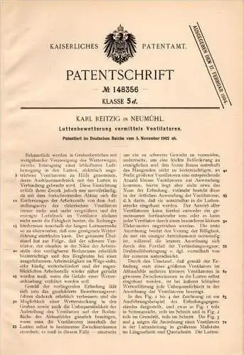 Original Patentschrift - Karl Reitzig in Neumühl , 1902 , Belüftung von Gruben , Ventilatoren , Bergbau , Lüftung !!!