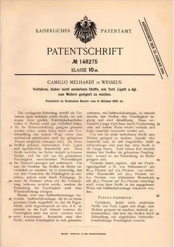 Original Patentschrift - C. Melhardt in Wesseln / Dithmarschen , 1902 , Torf für Meilerverkohlung , Lignit !!!