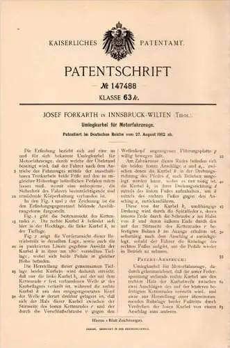 Original Patentschrift - J. Forkarth in Innsbruck - Wilten , 1902 , Kurbel für Motorfahrzeuge , Automobile !!!