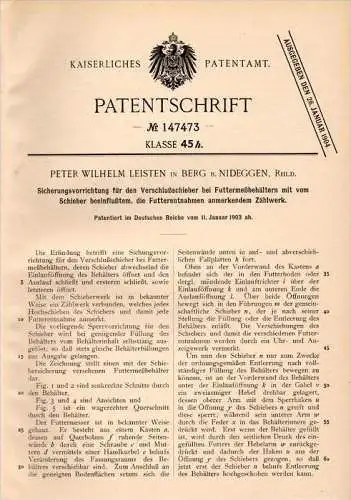 Original Patentschrift - P. Leisten in Berg b. Nideggen , 1903 , Sicherung für Futtermeßbehälter , Tierzucht , Agrar !!!