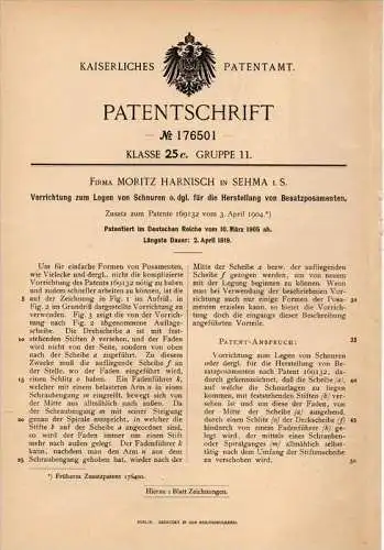 Original Patentschrift - M. Harnisch in Sehma , 1905 , Herstellung von Posamenten , Sehmatal !!!