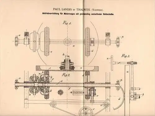 Original Patentschrift - P. Landis in Thalweil , 1900 , Antrieb für Motorwagen , Automobile !!!