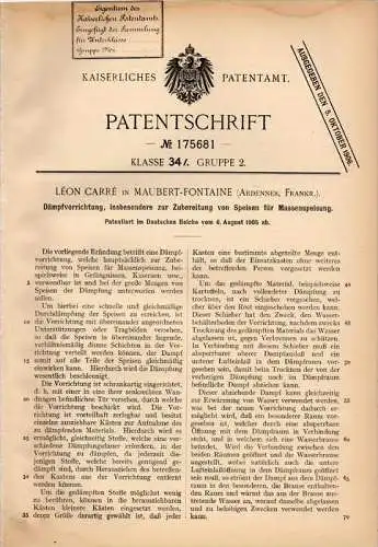 Original Patentschrift - L- Carré à Maubert Fontaine , 1905, Appareil pour la cuisson à la vapeur , casernes , prisons !