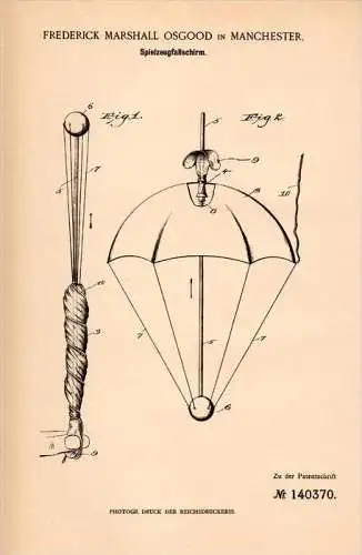 Original Patentschrift - F. Osgood  in Manchester , 1902 , Fallschirm , Spielzeug , parachute , toys ,  !!!