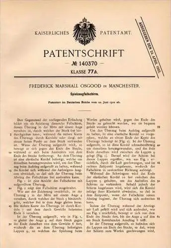 Original Patentschrift - F. Osgood  in Manchester , 1902 , Fallschirm , Spielzeug , parachute , toys ,  !!!