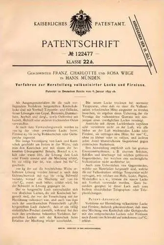 Original Patentschrift -  Geschw. Wege in Hann Münden , 1899 , Lack - Herstellung , Bernstein , Harz , Terpentin !!!