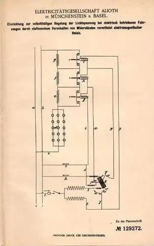 Original Patentschrift - Alioth Elektricität in Münchenstein b. Basel , 1901 , Lichtregelung für Fahrzeuge !!!