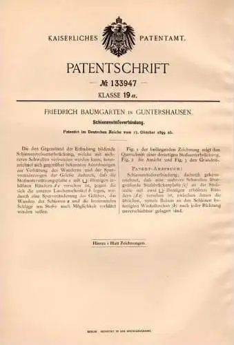 Original Patentschrift -  F. Baumgarten in Guntershausen , 1899,  Schienen , Schiene , Gleis , Eisenbahn , Baunatal !!!