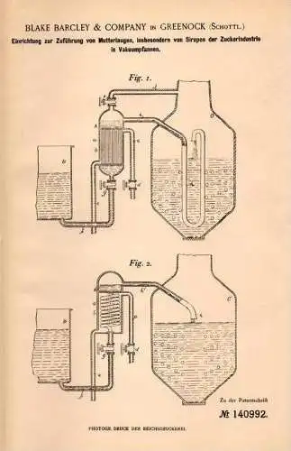 Original Patentschrift - B. Barcley in Greenock , Scotland , 1902 , Apparatus for syrup and sugar industry !!!