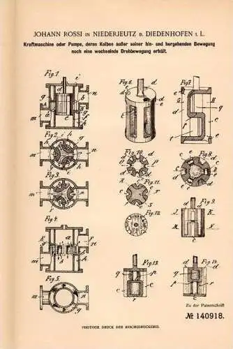 Original Patentschrift - J. Rossi in Niederjeutz / Yutz b. Diedenhofen , 1902, Kraftmaschine , Thionville