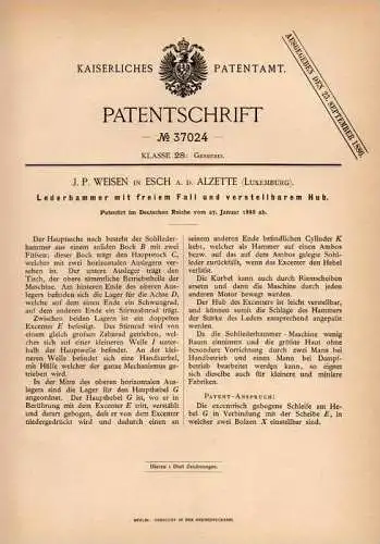 Original Patentschrift - J.P. Weisen in Esch a.d. Alzette , 1886 , Lederhammer mit freiem Fall , Leder , Luxembourg !!!