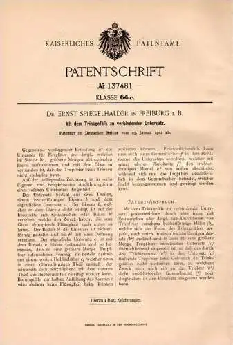 Original Patentschrift - Dr. E. Spiegelhalder in Freiburg i.B., 1902 , Trinkgefäß mit Untersatz , Kelch , Bier , Veritas