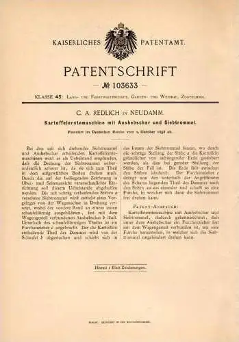 Original Patentschrift - C.A. Redlich in Neudamm / Debno i. Neumark , 1898 , Kartoffel - Erntemaschine , Agrar !!!