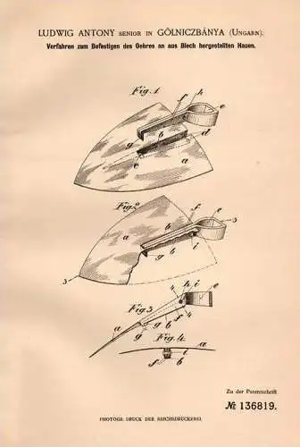 Original Patentschrift - L. Antony in Gölniczbánya , Ungarn , 1901 , Befestigung für Hauen !!!