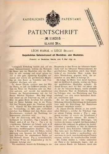 Original Patentschrift - Léon Hamal in Liege , Belgien , 1899 , Banjo , Mandoline , Mandola , Musik !!!