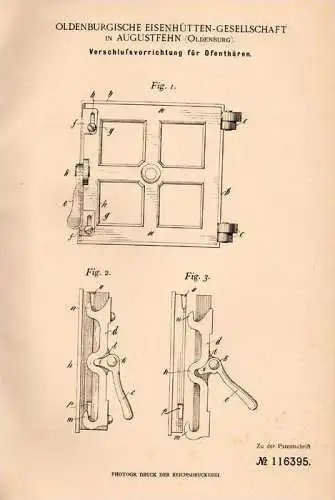 Original Patentschrift - Eisenhütten Gesellschaft in Augustfehn b. Apen , 1900 , Verschluß für Ofentüren , Ofen !!!