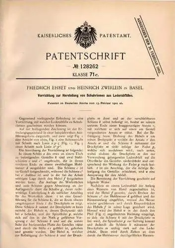 Original Patentschrift - F. Ehret und H. Zwirlein in Basel , 1901 , Schuhriemen aus Leder - Abfällen , Schuhmacher  !!!