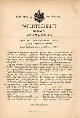 Original Patentschrift - Ch. Claus in Grammont / Geraardsbergen , 1904 , Förderband für Zündhölzer , Streichhölzer !!!