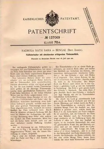 Original Patentschrift - R. Nath Saha in Bengal , Brit. Indien , 1900 , Füllfederhalter , Füller mit Tintenausstoß !!!