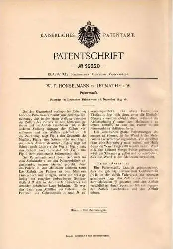 Original Patentschrift - W. Honselmann in Letmathe i.W., 1897 , Pulvermaaß , Pulver , Munition !!!