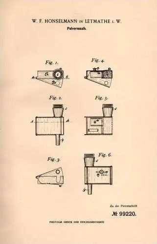 Original Patentschrift - W. Honselmann in Letmathe i.W., 1897 , Pulvermaaß , Pulver , Munition !!!