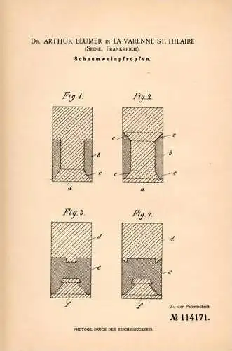 Original Patentschrift - Dr. A. Blumer in La Varenne St. Hilaire , Seine ,1900 , Korken für Wein , Saint Maur des Fossés