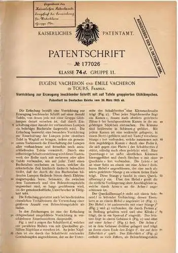 Original Patentschrift - Erzeugung von Leuchtreklame , 1905 , E. Vacheron in Tours , Reklame !!!