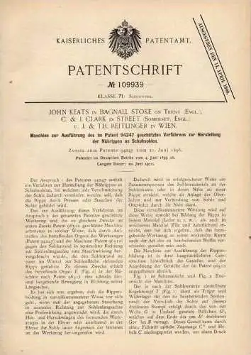 Original Patentschrift - J. Keats in Bagnall Stoke on Trent und Street , Somerset , 1899, Maschine für Schuhe , Schuster