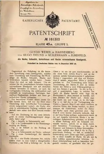 Original Patentschrift - H. Freund in Küllenhahn und Hahnerberg ,1905, Gerät als Schaufel , Harke , Wuppertal !!!