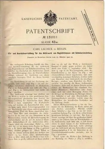 Original Patentschrift - Registrierkasse , Kasse , 1900, C. Laurick in Berlin !!!