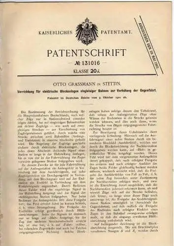 Original Patentschrift -O. Grassmann in Stettin , 1901, Eisenbahn - Sicherheitsvorrichtung !!!