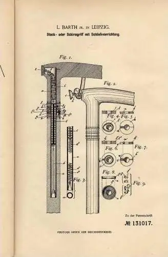 Original Patentschrift - L. Barth in Leipzig , 1900, Schirm oder Stock mit Schließvorrichtung !!!