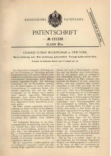 Original Patentschrift - Telegraphirstreifen , Telegraph ,1900, C. L. Buckingham in New York , Telegraphie , telegraphy