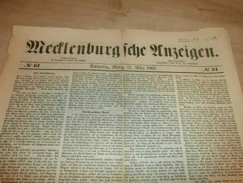 Mecklenburgische Anzeigen , 15.03.1869 , Schwerin und Umgebung , mit Reklame !! RAR !! Mecklenburg !!