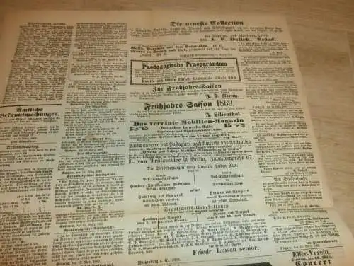 Mecklenburgische Anzeigen , 15.03.1869 , Schwerin und Umgebung , mit Reklame !! RAR !! Mecklenburg !!