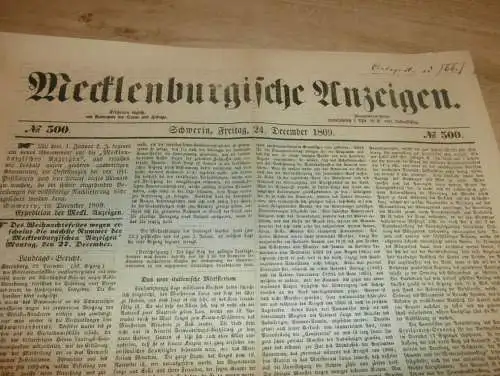 Mecklenburgische Anzeigen , 24.12.1869 , Schwerin und Umgebung , mit Reklame !! RAR !! Mecklenburg !!