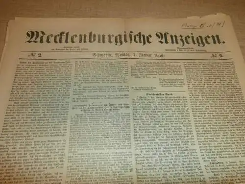 Mecklenburgische Anzeigen , 4.01.1869 , Schwerin und Umgebung , mit Reklame !! RAR !! Mecklenburg !!