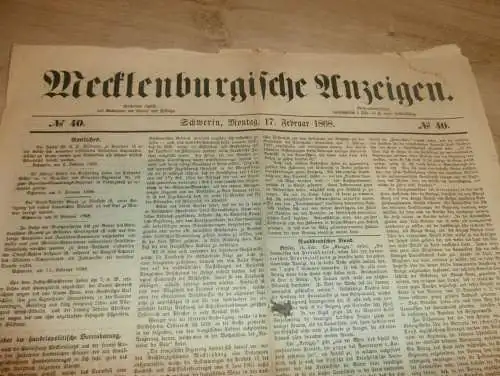 Mecklenburgische Anzeigen , 17.02.1868 , Schwerin und Umgebung , mit Reklame !! RAR !! Mecklenburg !!